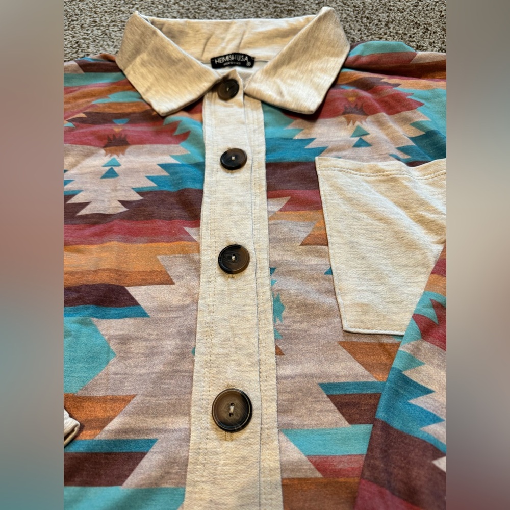 HEIMISH Aztec Multi Colored and Gray Long Sleeve Button Down Shirt - Picture 4 of 7